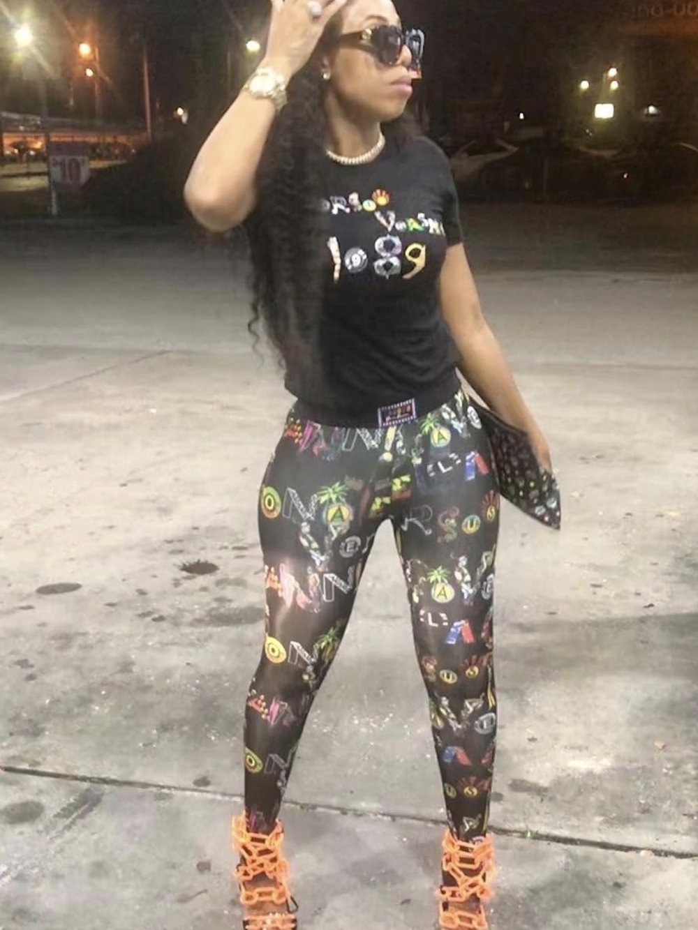 Versace Black Leggings with Multicolor Logo & Graphic Print